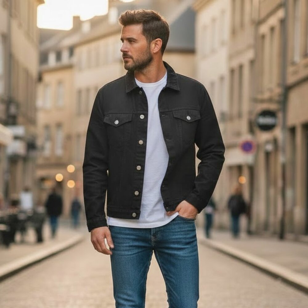 Men's Black Lightweight Denim Shirt Jacket - Modern Trucker